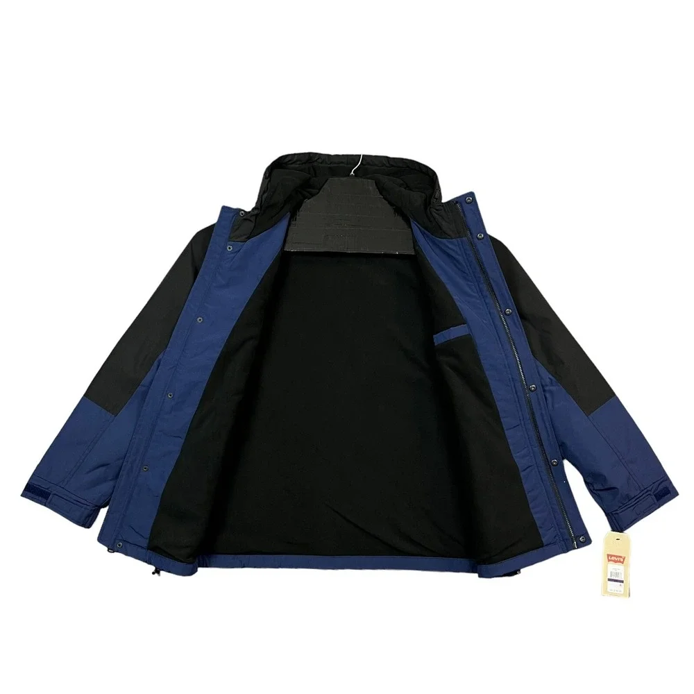 Levis Mens Hooded Jacket XXL Blue Black Fleece Lined Water Resistant Zip Pockets